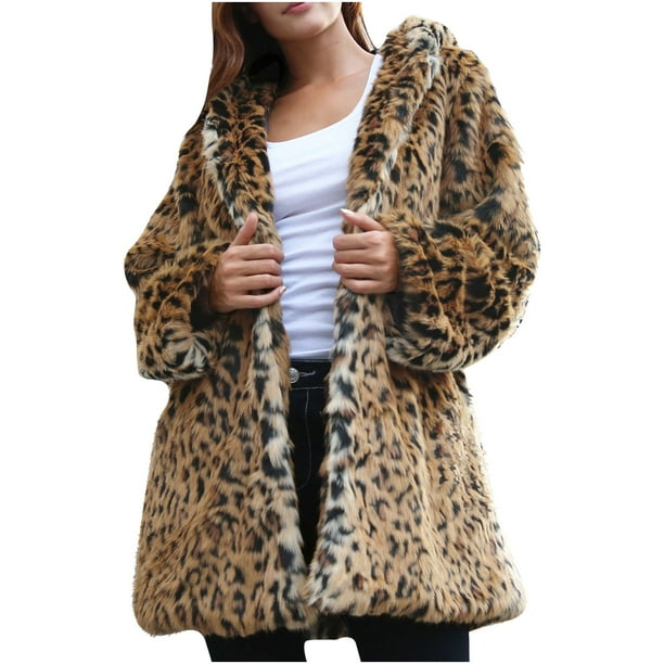 Transer Womens Leopard Winter Warm Soft Fluffy Faux Fur Coat Cardigan Jacket Outerwear 